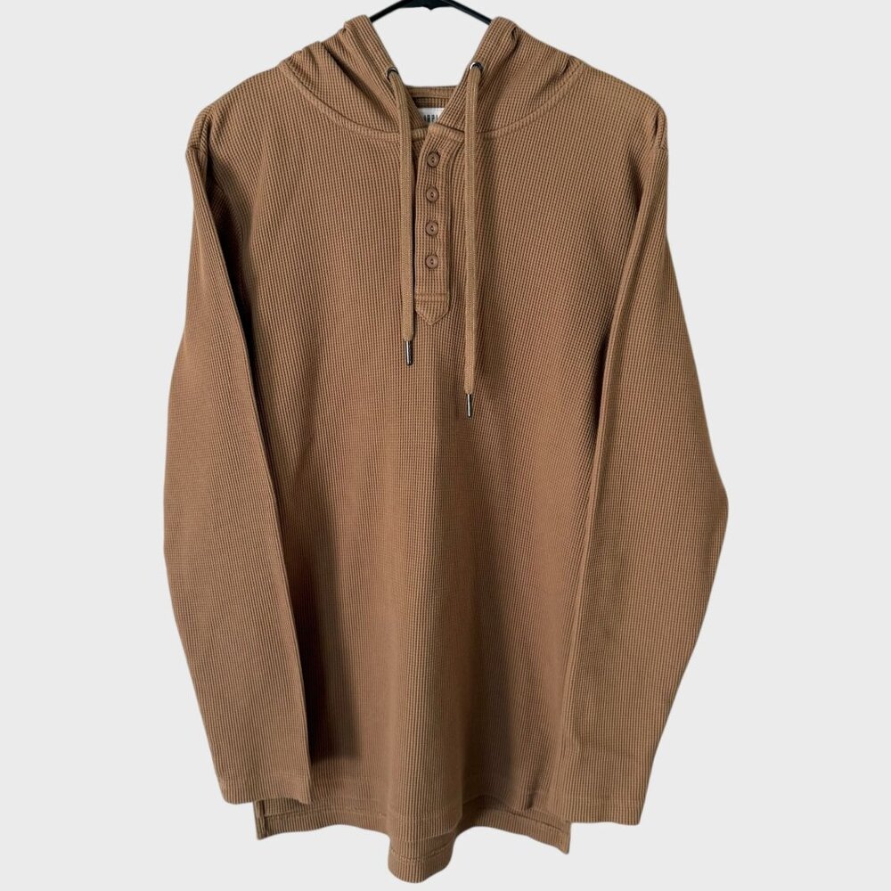 Fairplay Waffle-Knit Henley Hoodie Sweatshirt Pullover Tan Men's Size Medium